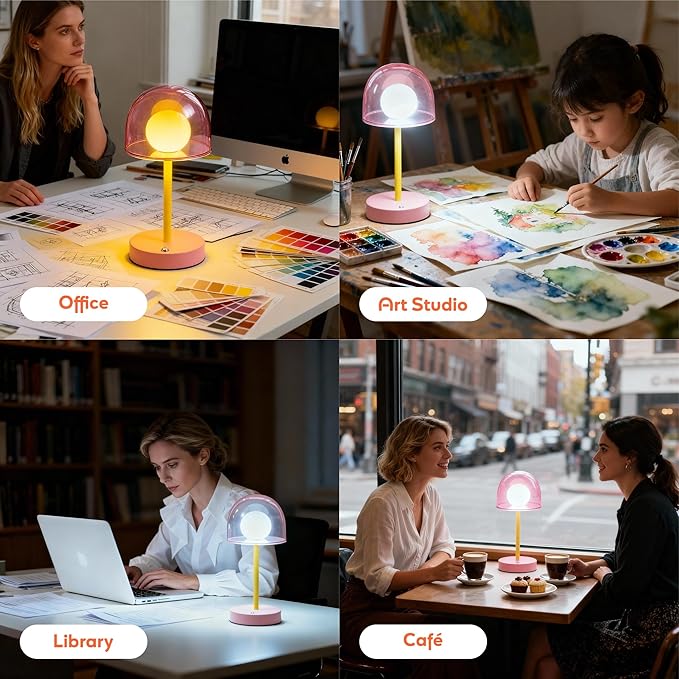 Cordless Touch Lamp Battery Powered, Rechargeable Table Lamp Dimmable, Coffee Table Small Lamps IP44, LED Wireless Desk Light for Girls Bedroom Playroom Nightstand, 7.7" W X 10.6" H (Pink)