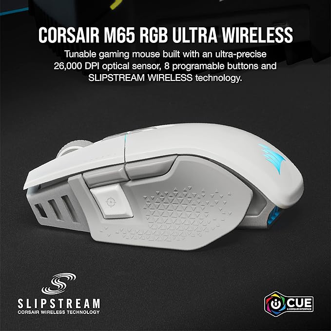 Corsair M65 RGB Ultra Wireless Tunable FPS Wireless Gaming Mouse - Sub-1ms Slipstream Wireless Technology, 26,000 DPI Optical Sensor, Up to 120 Hours of Battery Life, 8 Programmable Buttons - White
