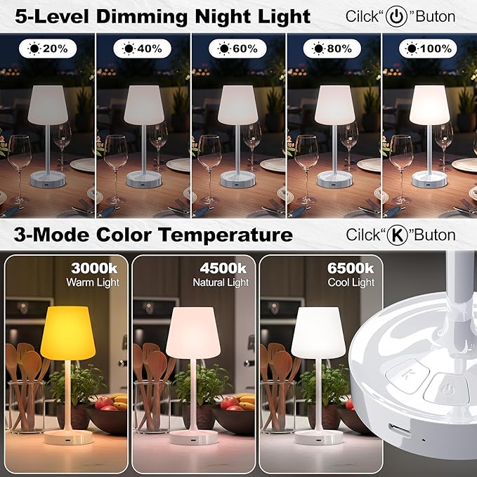 Small Shower Lamp Waterproof: Table Lamp with 4000mAH Battery - Rechargeable 3 Dimmable Cordless LED Lamp for Desk Bedroom Living Room Bathroom - White Touch Light for Parents Kids
