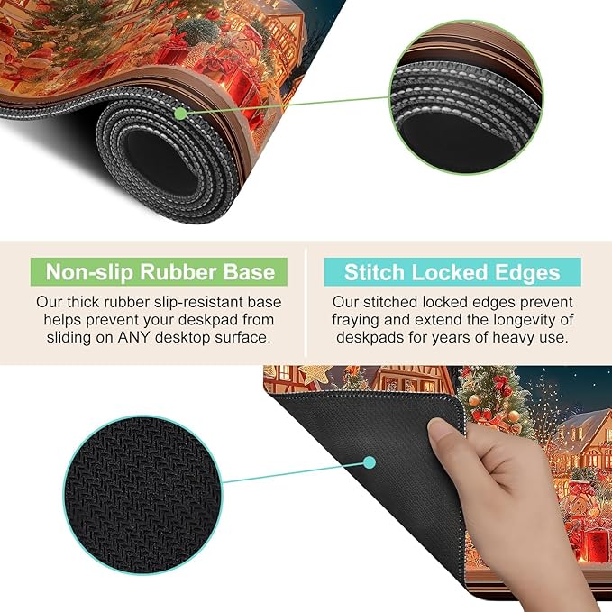 Desk Mat, XXL Extended Gaming Pad for Desktop, 35x16 Inches Village with Tree and Lights, Large Non-Slip Vegan Leather Keyboard Mouse Mat for Home Office