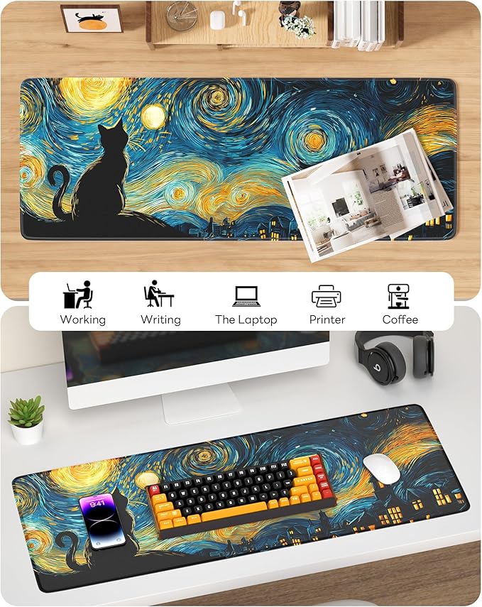 Van Gogh Cat Mouse Pad, 31.5 x 11.8 Large Desk Mat with Stitched Edges & Non-Slip Base, Mousepad for Office, Home, Work