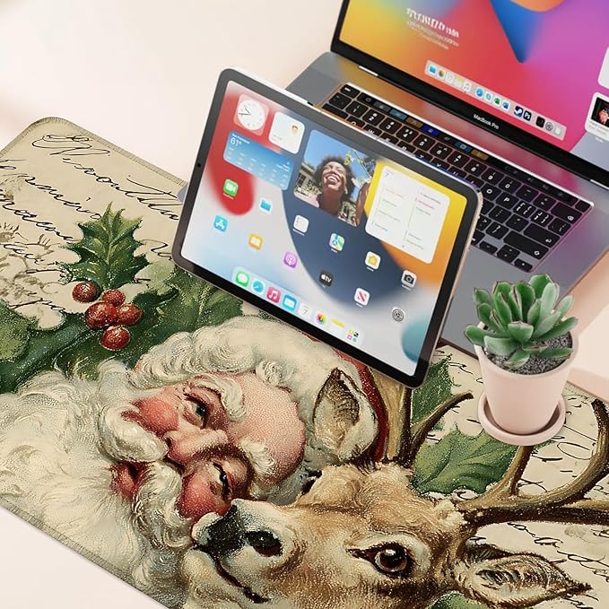 Desk Mat, XXL Extended Gaming Pad for Desktop, 35x16 Inches Santa and Reindeer Classic Scene, Large Non-Slip Vegan Leather Keyboard Mouse Mat for Home Office