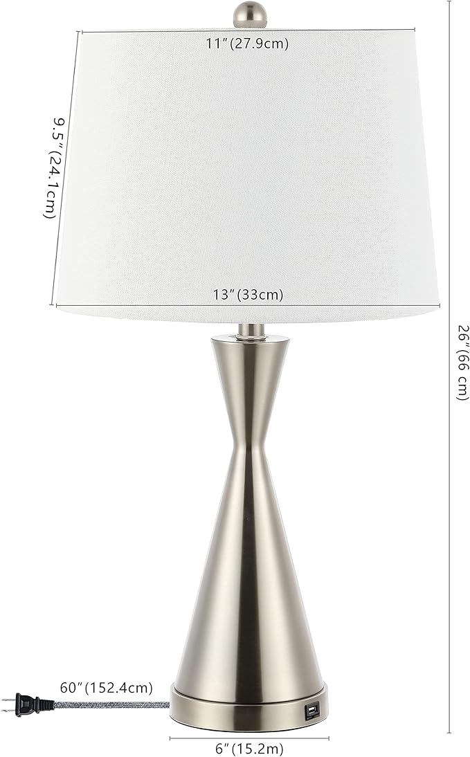 Eyely EYL4046A-SET2 Collins 26" Classic French Country Iron LED Table Lamp with USB Charging Port for Reading Room, Living Room, Office, Bedroom, Farmhouse, Coastal, Nickel (Set of 2)