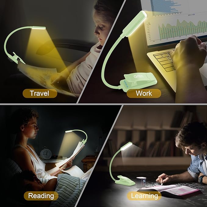 Gritin 9 LED Rechargeable Book Light for Reading in Bed - Eye Caring 3 Color Temperatures,Stepless Dimming Brightness,80 Hrs Runtime Small Lightweight Clip On Book Reading Light -Cyan