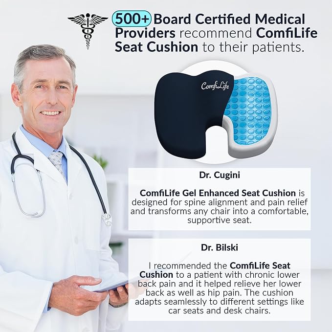 ComfiLife Gel Enhanced Seat Cushion – Office Chair Cushion – Non-Slip Gel & Memory Foam Coccyx Cushion for Tailbone Support - Desk Chair Car Seat Cushion Driving - Sciatica & Back Comfort (Navy)