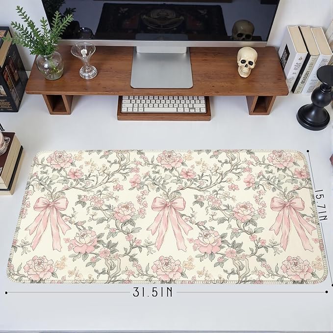 Floral Desk Mat Vintage Chinoiserie Large Mouse Pad Coquette Aesthetic Office Decor Flower Pink Bow Gaming Pad Cottagecore Desk Decor 31.5x15.7 in