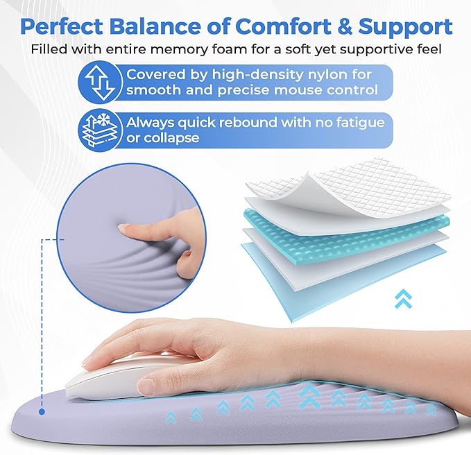 Ergonomic Mouse Pad with Wrist Support, Memory Foam Wrist Rest for Pain Relief & Carpal Tunnel, Non-Slip Base for Office, Computer, PC, Laptop (12x8x1.2inch, Light Purple)