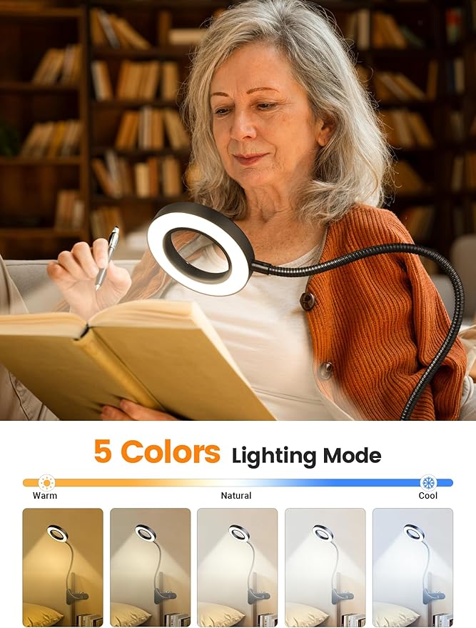 10X Magnifying Glass with Light,5 Colors+10 Brightness Reading Lamp,58 LED Magnifier with Light,750 Lumen Lighted Magnifying Glass for Reading,Clip on Lamp for Desk/Bed/Work/Nail [Adapter]