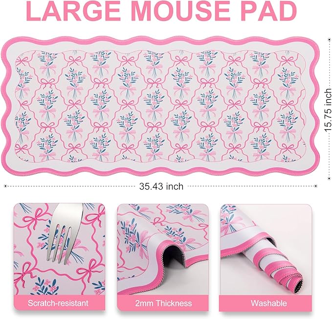 L-SPOUTTO Pink Mouse Pad,Cute Desk Mat XXL Large Scalloped Gaming Mousepad,35.4x15.7in Non-Slip Rubber Base Keyboard Pad Waterproof Girly Desktop Mat for Laptop Computer Game Home Office-Flower Bow