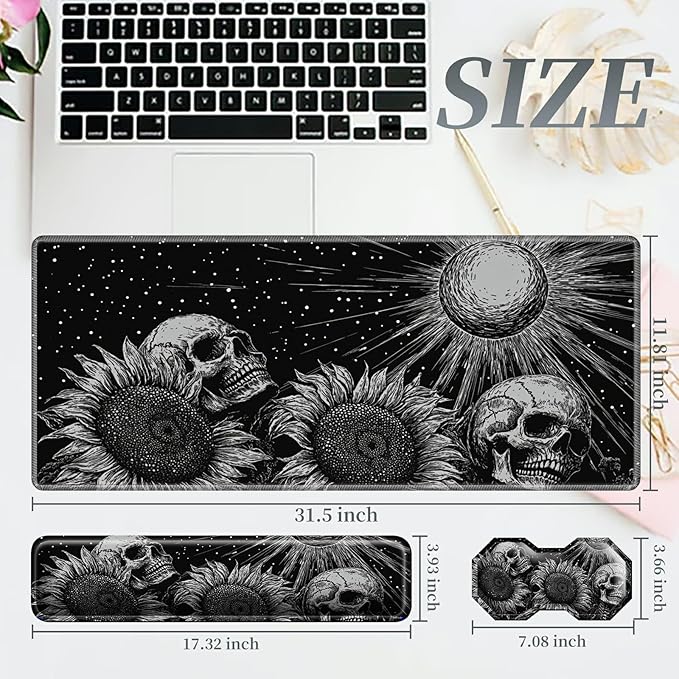 3Pcs Mouse Pad Set, Gothic Skull Sunflowers Large Gaming Mouse Pad with Stitched Edge, Ergonomic Memory Foam Keyboard Wrist Support and Mouse Wrist Rest Cushion, Pain Relief Non-Slip Desk Pad Combo