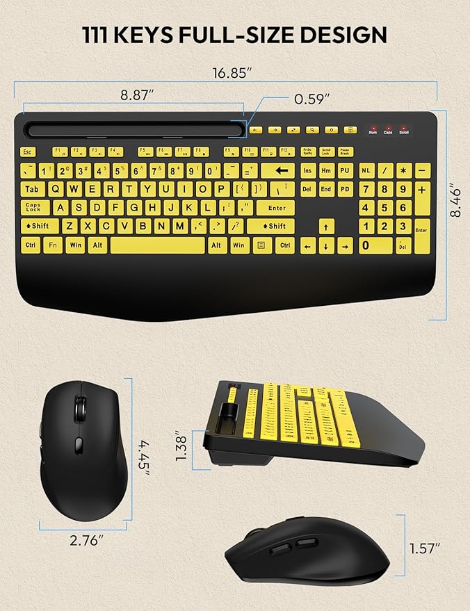 SABLUTE Wireless Keyboard and Mouse, Wrist Rest, Large Print, Phone Holder, 2.4G Ergonomic Keyboards Mouse Combo, KM23D Silent High Contrast Set for Low Vision and the Elderly, Battery Powered