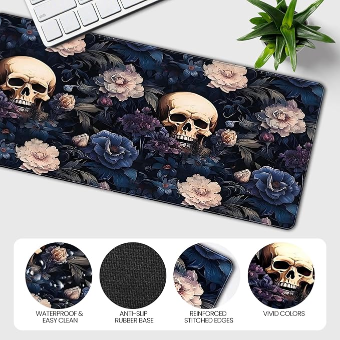 XXL Gaming Mouse Pad, Skull Rose Floral Design, 35.4 x 15.7 Inches, Non-Slip Rubber Base, Microfiber Cloth, Extended Rectangular Desk Mat