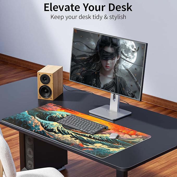 Japanese Sea Wave Desk Pad, Desk Matt for Desktop, Leather Mouse Pad, Waterproof Keyboard Mat, Non-Slip Computer Mat, Keyboard and Mouse Pad for Office Decor (31.5"x15.7")