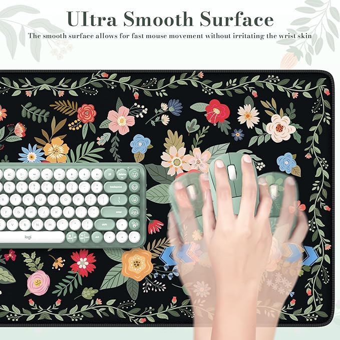 iCasso Floral Desk Mat for Keyboard and Mouse,Cute Gaming Mouse Pad XXL,Anti-Slip Desk Matt for Desktop,Soft Lycra Surface Computer Mat Women,Girly Big Mousepad for Home Office (Black Floral)