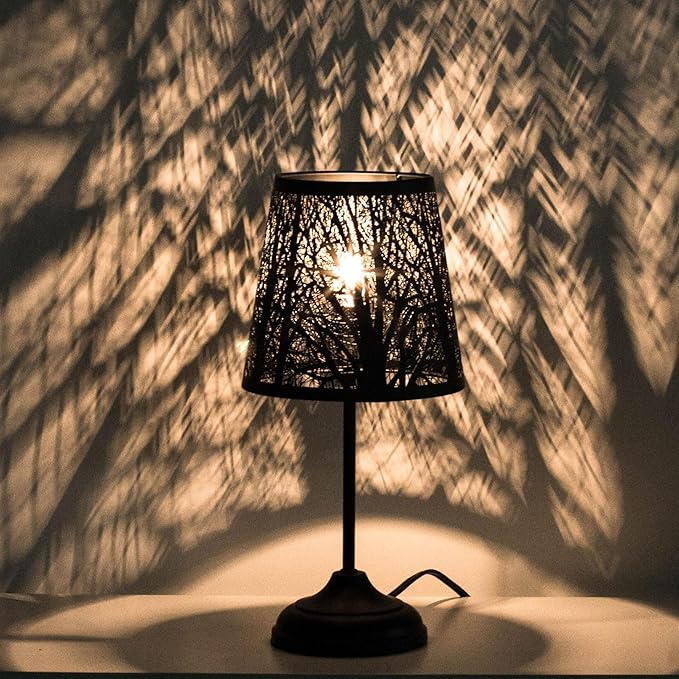 Touch Control Table Lamp, Black Metal Tree Pattern Shadow Lamp Lights Mini Lamps with dimmable 3-Levels Brightness Vintage Accent Decor Lamp Indoor Mood Lighting Bedroom Living Room (Black)
