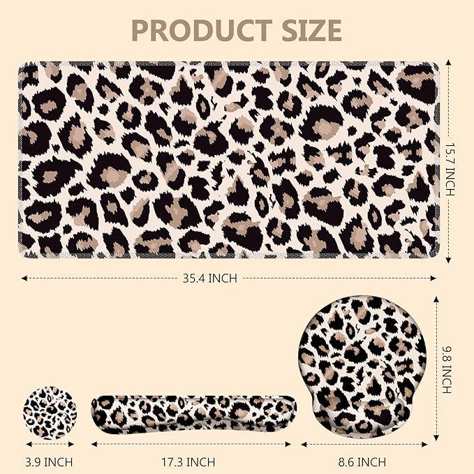 iLeadon Mouse Pad Set, Desk Mat + Mouse Pad with Wrist Rest + Keyboard Wrist Rest + Coaster, 4in1 Leopard Mouse and Keyboard Pad Set for Home Office, Classic Leopard