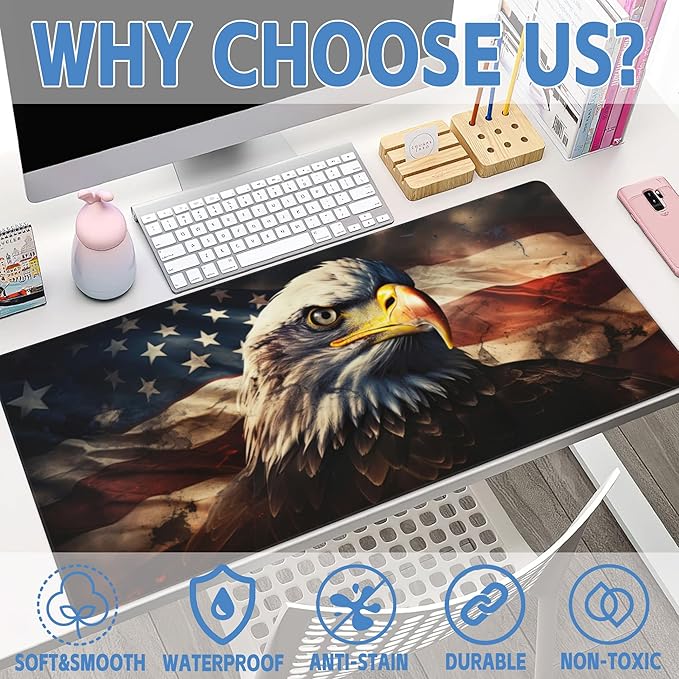 Desk Mat,American Bald Eagle Large Gaming Mouse Pad for Desk XXL,USA Flag Eagle Desk Pad,Extended Big Computer Keyboard Mouse Pad with Non-Slip Base and Stitched Edge 35.4"x15.7"