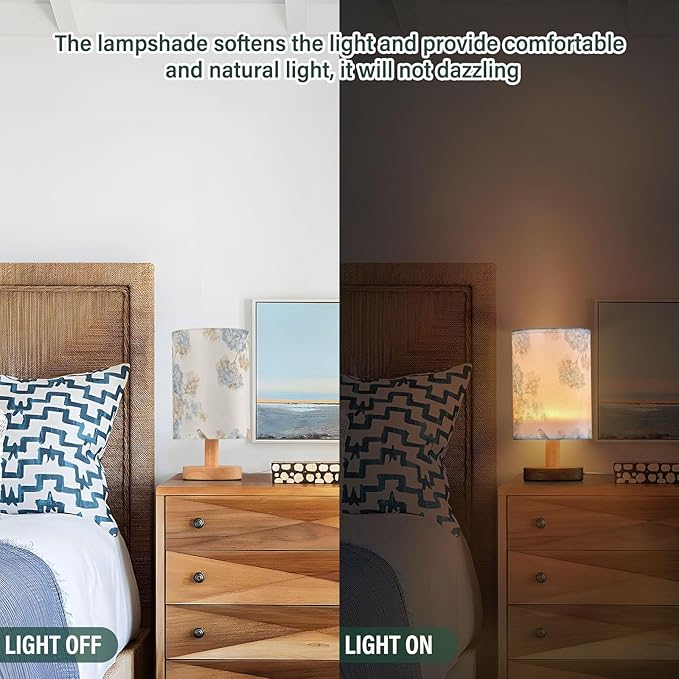 Hydrangea LED Table Lamp, Bedside Lamp with Linen Lampshade, Flicker-Free Eye Care USB Plug in Nightstand Lamp, for Bedroom and Office