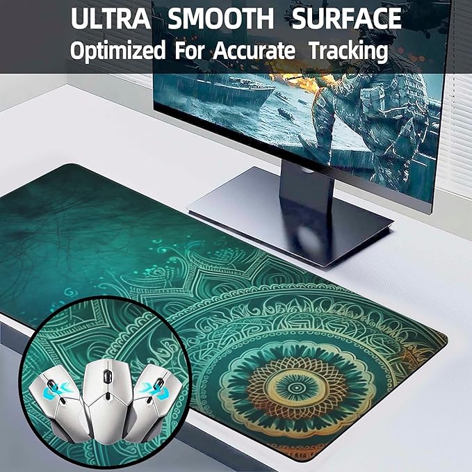 Large Gaming Mouse Pad for Desk,Retro Mandala Flower Desk Mat for Desktop,Mandala Floral Desk Pad, Extended Big Computer Keyboard Mouse Pad with Non-Slip Base and Stitched Edge 31.5"x11.8"