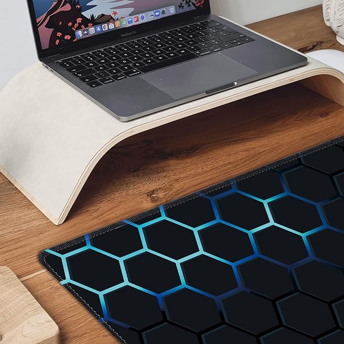 Desk Mat, Hexagon Blue Honeycomb XXL 35.4"x15.7"Large Gaming Mouse Pad, 3mm Thick Gaming Keyboard Pad,Desk Pad Non-Slip Rubber Base with Stitched Edges for Office Game Home Decor