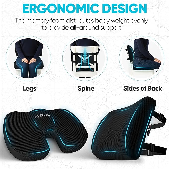 FORTEM Seat Cushion, Office Chair Cushion, Lumbar Support Pillow for Office Chair, Memory Foam Ergonomic Coccyx & Lumbar Support, Car Sitting Pad, Washable Non-Slip, XL