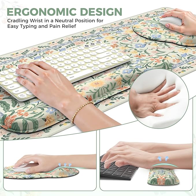 iCasso Green Desk Pad Mat, Large Mouse Pad and Keyboard Wrist Rest Set, Desk Protector Mat, 4in1 Ergonomic Keyboard Pad with Wrist Support for Desktop Home Office Computer Cover