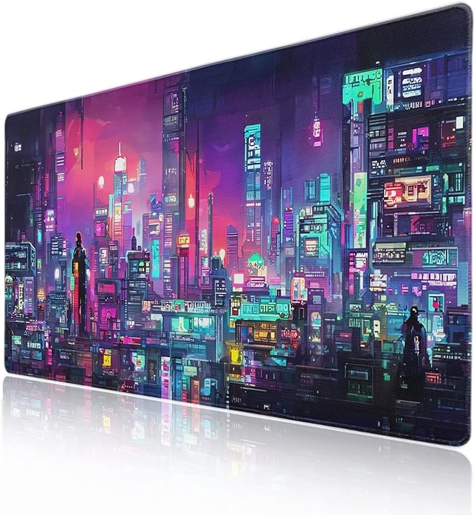 aportt Retro Japanese Anime Gaming Mouse Pad XXL Cool Dark Purple Red Vaporwave City Extended Large Desk Mat Big Mousepad Non-Slip Rubber Base Stitched Edge Long for Computer, 35.4x15.7 in