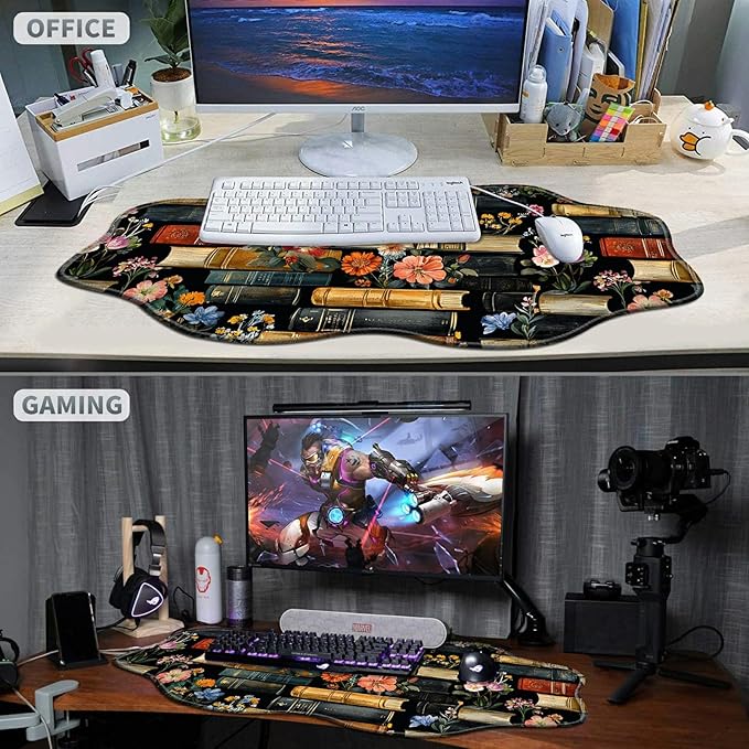 Flowers Bookshelves Large Gaming Mouse Pad Plus a Coaster, 35.4 x 15.7 inches Desk Mat Extended XXL Mousepad with Stitched Edge Non-Slip Rubber, Desk Pad Computer Mouse Mat for Home Office