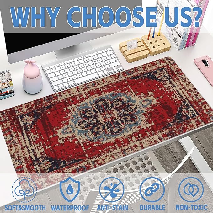 Desk Mat,Boho Carpet Style Large Gaming Mouse Pad for Desk XXL,Bohemian Rug Desk Pad,Extended Big Computer Keyboard Mouse Pad with Non-Slip Base and Stitched Edges 35.4"x15.7"