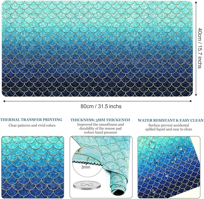 Desk Mat, Desk Matt for Desktop, DeskPad Mat, XXL Large Mouse Pad for Desks, Anti-Slip Big Mousepad with Stitched Edges, Keyboard Mouse Mat for Computer, Work, Office, Game, Home, Blue Mermaid