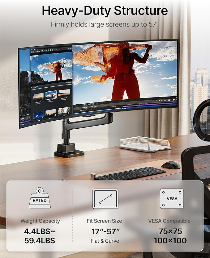 monTEK 17-57 Inch Ultrawide Monitor Arm for Up to 59.4lbs Screens, Aluminum Heavy-Duty Gas Spring Single Curved Screen Adjustable Monitor Stand,75/100mm Vesa Mount, Black