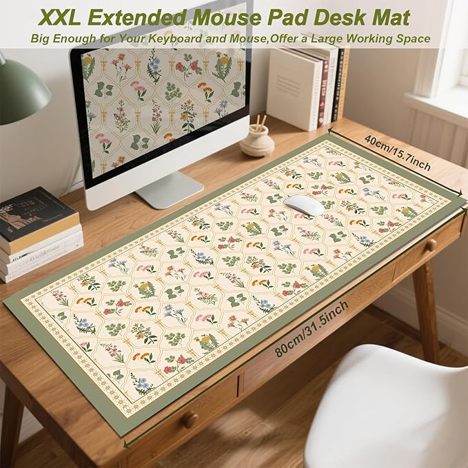 Desk Pad, ZAXOXAZ PU Lesther Desk Protector, 31.5" x 15.7" XXL Large Extended Mouse Pad, Big Floral Desk Mat Flowers Desk Blotter, Laptop Desk Pad, Waterproof Desk Writing Pad for Office and Home