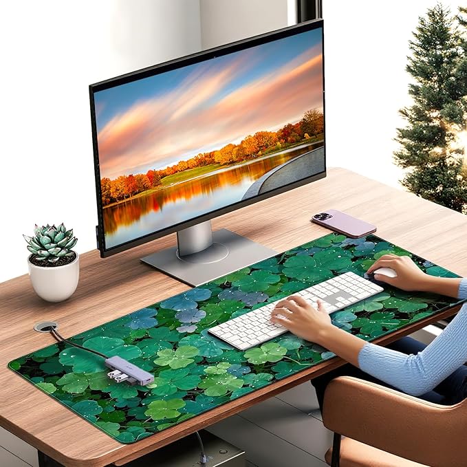 XXL Gaming Mouse Pad, Lucky Four-Leaf Clover Design, 35.4 x 15.7 Inches, Microfiber Cloth, Non-Slip Rubber Base, Extended Desk Mat