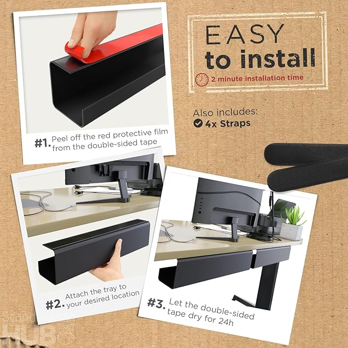 No-Screw Under Desk Cable Management Tray - Self-Adhesive Installation, Cord Management, Cable Tray, Under Desk Wire Organizer - Black Set of 4