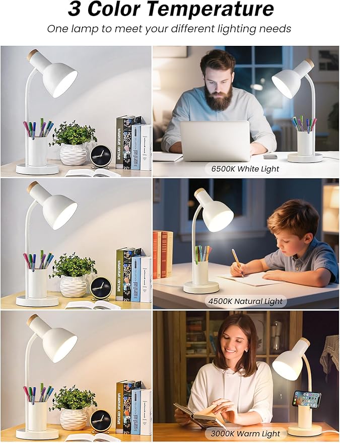 LED Desk Lamp for Home Office, Table Lamp with Pen Holder, 3 Color Modes Reading Light, Eye-Caring Desk Light with Gooseneck, Study Lamp for Kids Bedside Room College Dorm Essentials(White lamp)