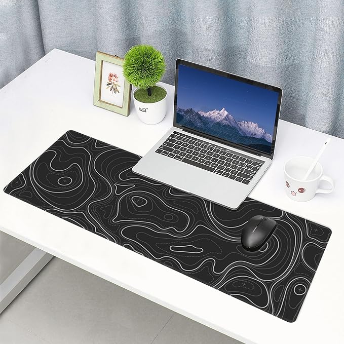 Large Gaming Mouse Pad Black Topographic Contour Mouse Pad Extended XL Long Mousepad Big Desk Mat with Stitched Edges & Nonslip Rubber Base for Company Office Work, 31.5 X 11.8 Inch