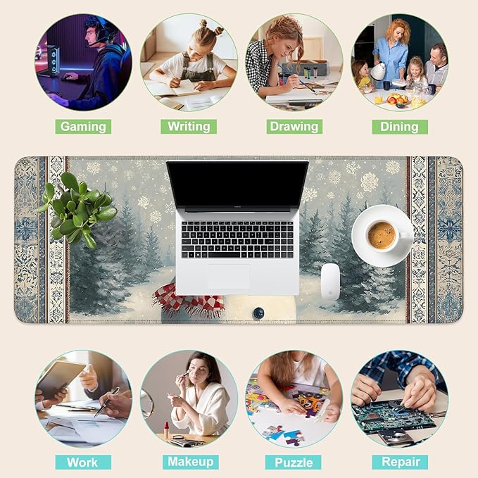 Desk Mat, XXL Extended Gaming Pad for Desktop, 35x16 Inches Winter Snowman in Snowy Forest, Large Non-Slip Vegan Leather Surface with Stitched Edges, Keyboard Mouse Mat for Home Office