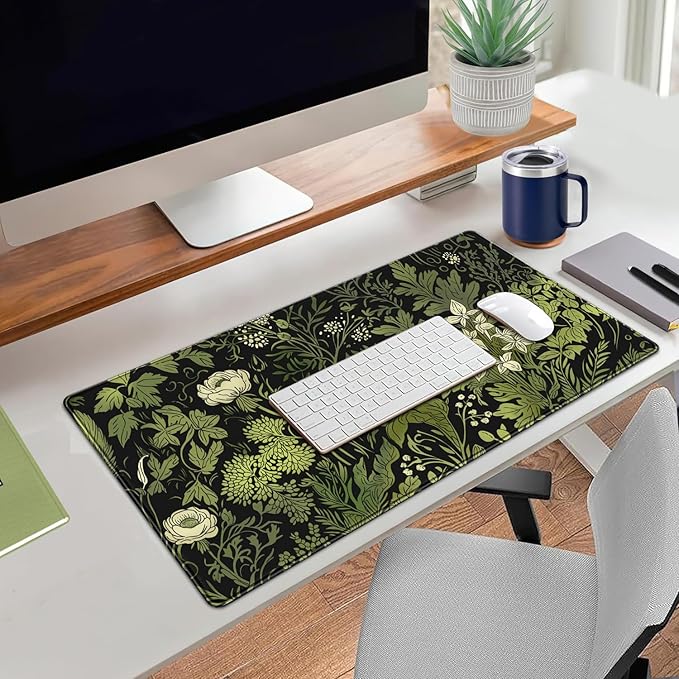 Floral Green Leaves Plant Pad Matt for Desktop Large Gaming Mousepad XXL Full Desk Mouse Pad Computer Keyboard Mat Deskmat Aesthetic Office Decor 31.5 X 15.7 Inch