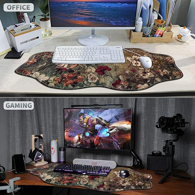 Dark Art Flowers Large Gaming Mouse Pad Plus a Coaster, 35.4 x 15.7 inches Desk Mat Extended XXL Mousepad with Stitched Edge Non-Slip Rubber, Desk Pad Computer Mouse Mat for Home Office