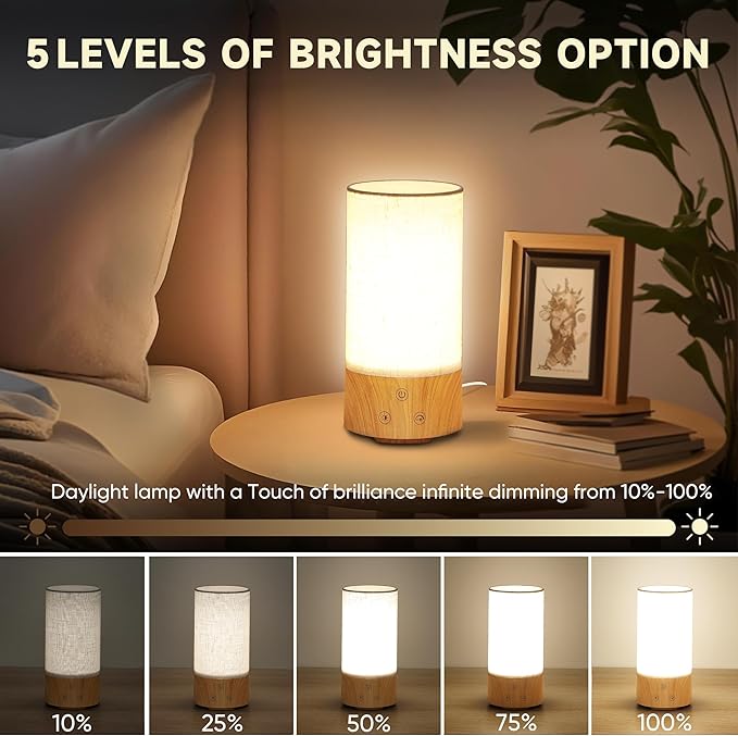 Light Therapy Lamp, Happy Lamp 10,000 LUX UV Free with 3 Color Temperature & 5 Brightness Level, Full Spectrum Light Wood Base Round Flaxen Fabric Shade for Home, Office, 4" × 8.4”