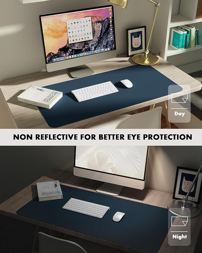 YSAGi Double-Sided Desk Pad, 23.6"x13.7"Leather Desk Mat, Eco Cork Desk Pad Protector,Large Mouse Pad,Waterproof Desk Blotter for Office/Home(Dark Blue)