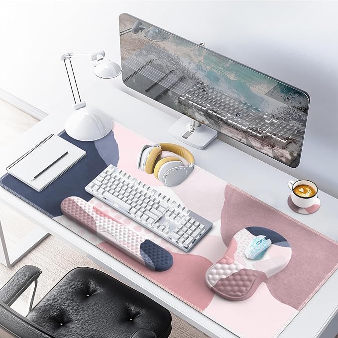 Desk Mat for Keyboard and Mouse, Ergonomic Mouse Pad Set, Pink Boho Navy