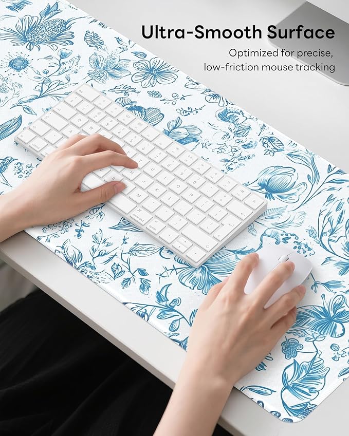 Floral Mouse Pad, 31.5 x 11.8 Large Desk Mat with Stitched Edges & Non-Slip Base, Mousepad for Office, Home, Work, Elegant Flower