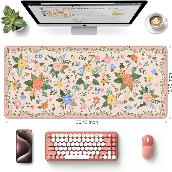 HAOCOO Pink Floral Desk Matt for Desktop, Waterproof Cute Desk Pad Mat, Cute Keyboard Mat, Non-Slip Mouse Pad with Stitched Edges, Computer Mat for Desktop