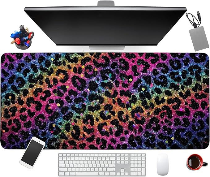 Large Mouse Pad & Keyboard Mat 35x16 Inches, Colorful Gradient Leopard Print Non-Slip Rubber Base Desk Mat, Large Extended Desk Protector for Home Office Gaming Setup