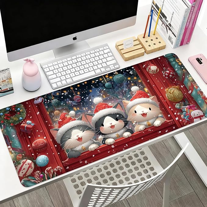 Desk Mat, XXL Extended Gaming Pad for Desktop, 35x16 Inches Cats in Santa Hats at Window, Large Non-Slip Vegan Leather Keyboard Mouse Mat for Home Office
