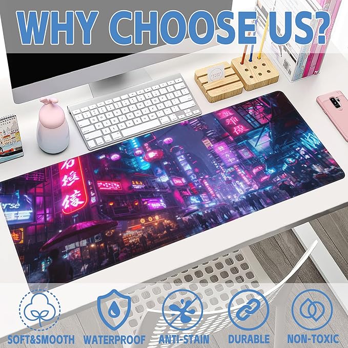 Desk Mat,Cyberpunk Neon City Large Gaming Mouse Pad for Desk XL,Futuristic Night Street Desk Pad,Extended Big Computer Keyboard Mouse Pad with Non-Slip Base and Stitched Edge 31.5"x11.8"