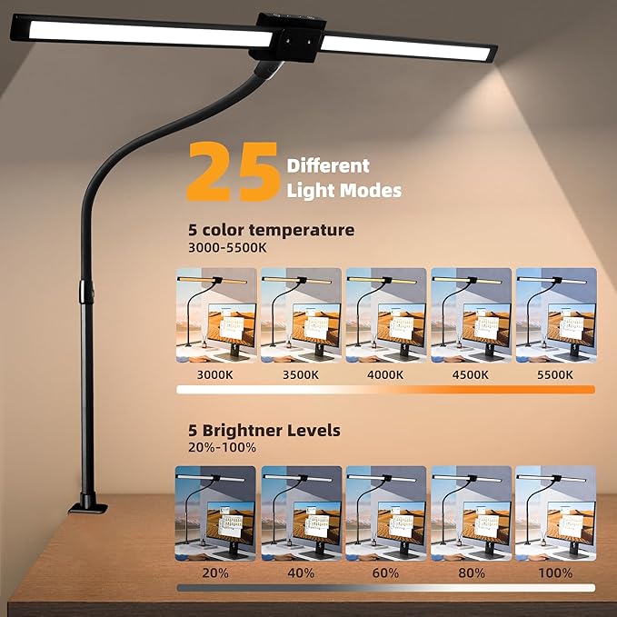 BAYSQUIRREL Led Desk Lamp with Clamp, Gooseneck Remote Control Desk Light with Eye Protection, 24W Ultra Bright Stepless Dimming and Tempering LED Desk Lamp for Home Office, Bedroom, Study