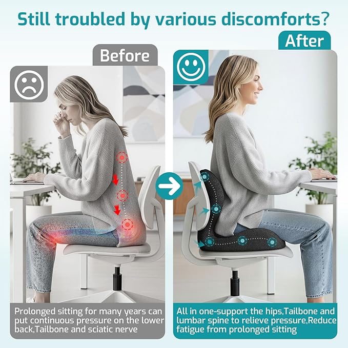 Ergonomic Seat Cushion, Office Chair Cushion with Lumbar Support Pillow, Car Orthopedic Seat Cushions, Designed for Coccyx, Tailbone & Lumbar Ergonomic Support, for Office, Car, Truck, Home, Desk Chair