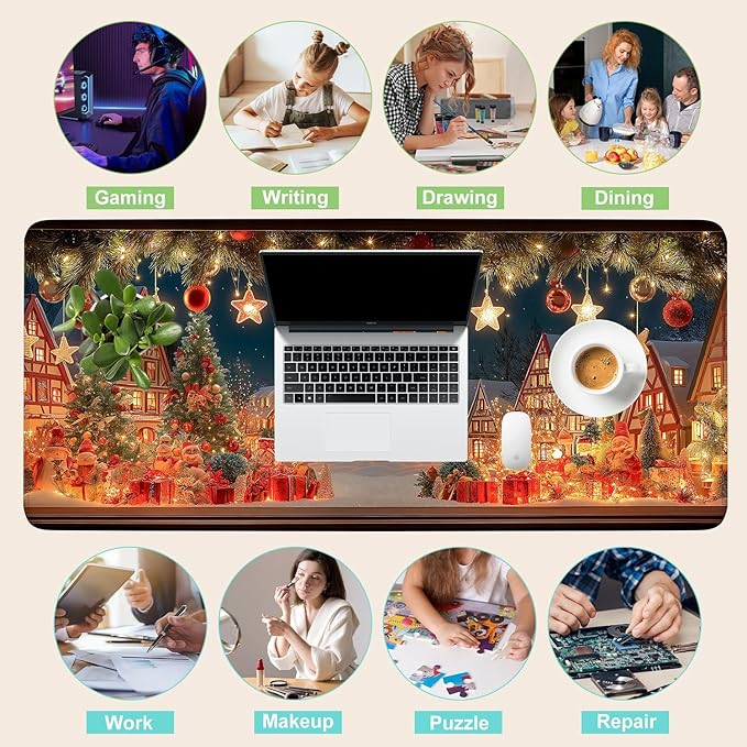 Desk Mat, XXL Extended Gaming Pad for Desktop, 35x16 Inches Village with Tree and Lights, Large Non-Slip Vegan Leather Keyboard Mouse Mat for Home Office
